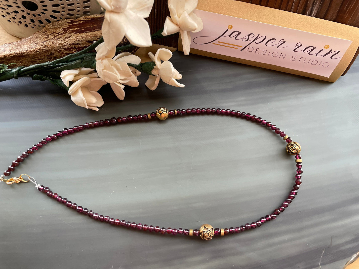 Natural Garnet and gold rose beaded necklace. Simple, lovely & can be used for layering, too. Handmade.