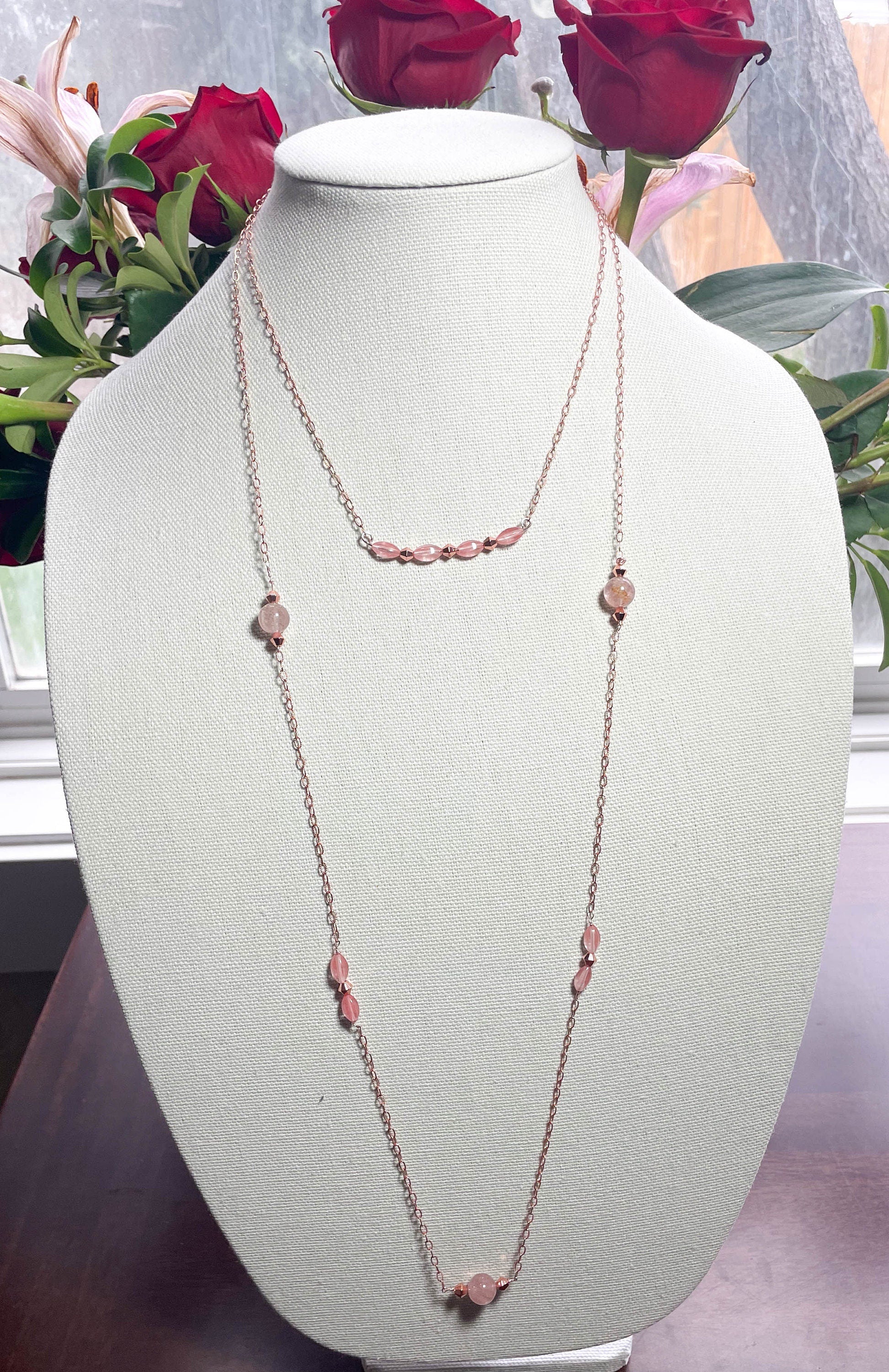 Rose gold and strawberry glass necklace