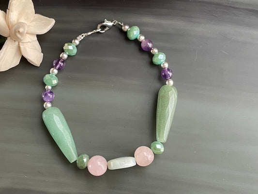 Bracelet featuring Amazonite, Crystal, Amethyst, Jade and Rose quartz
