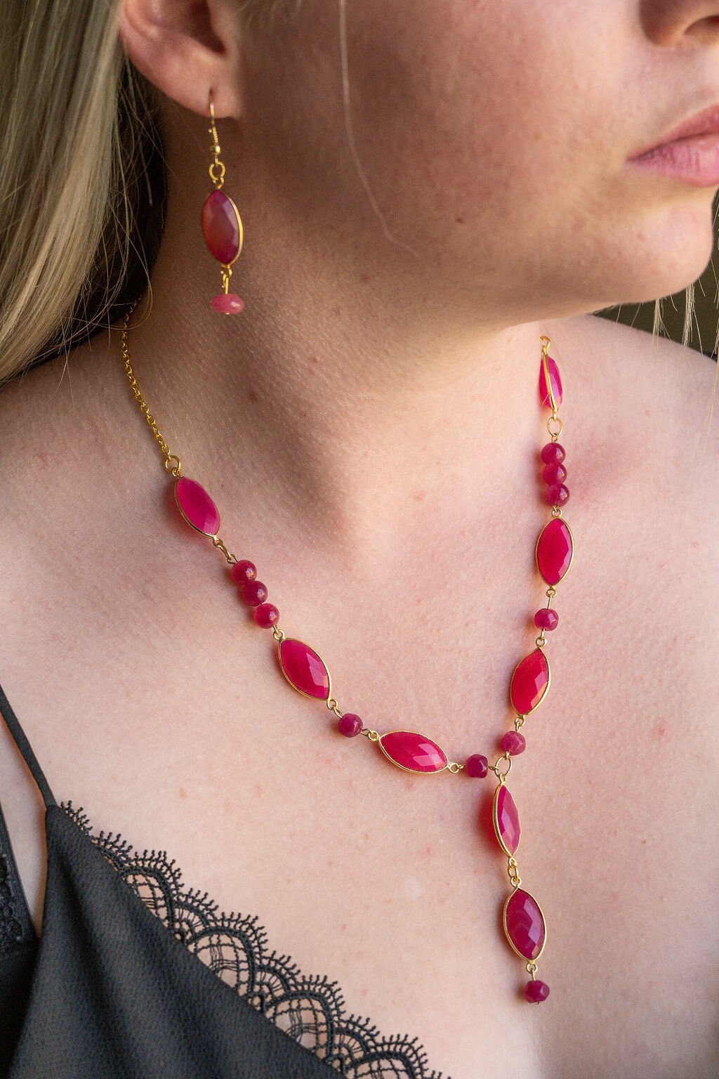 Hot Pink Chalcedony pendant necklace and earrings: 1-of-a-kind set