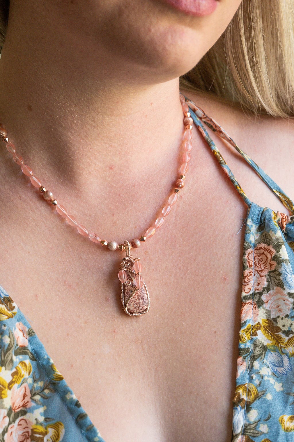 Wire-wrapped rhodochrosite pendant necklace- ONE-OF-A-KIND