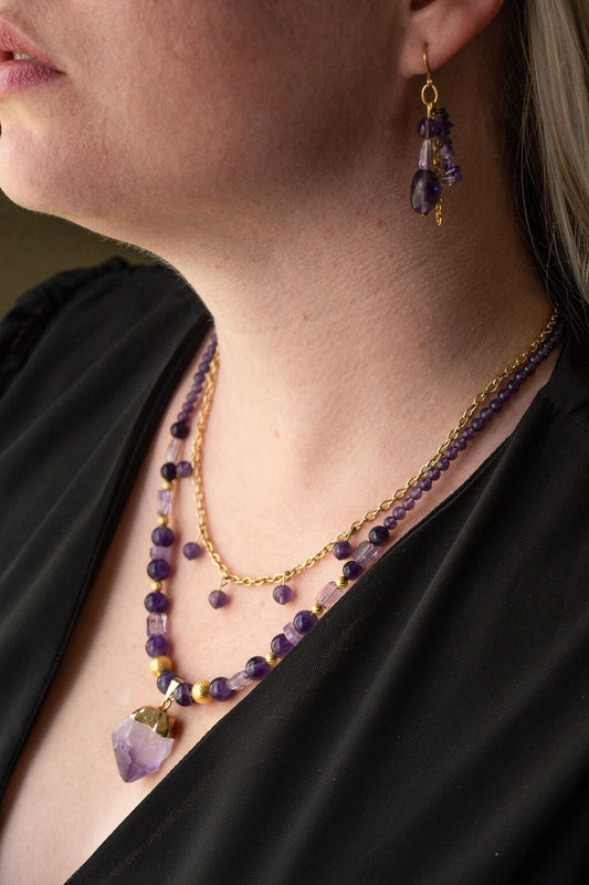 Natural Amethyst crystal layered druzy pendant necklace/handmade/ February Birthstone