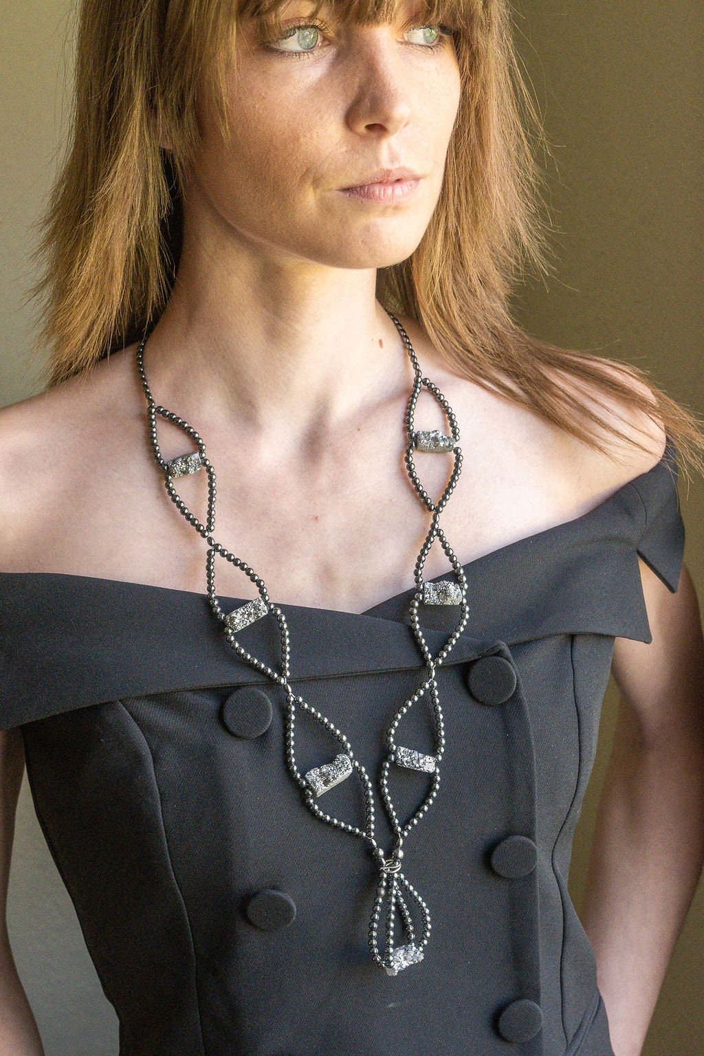 Platinum Druzy and Hematite long-length necklace - One of a kind