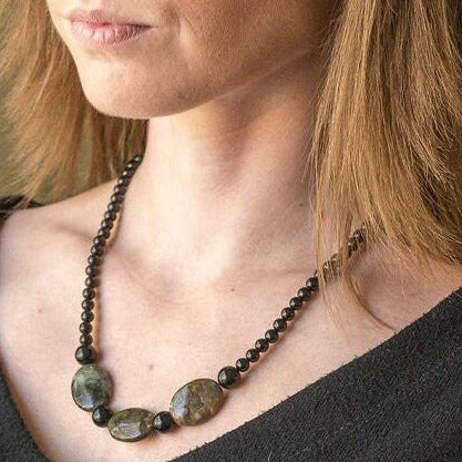 Eye-catching natural Rainforest Jasper and Black onyx necklace: handmade