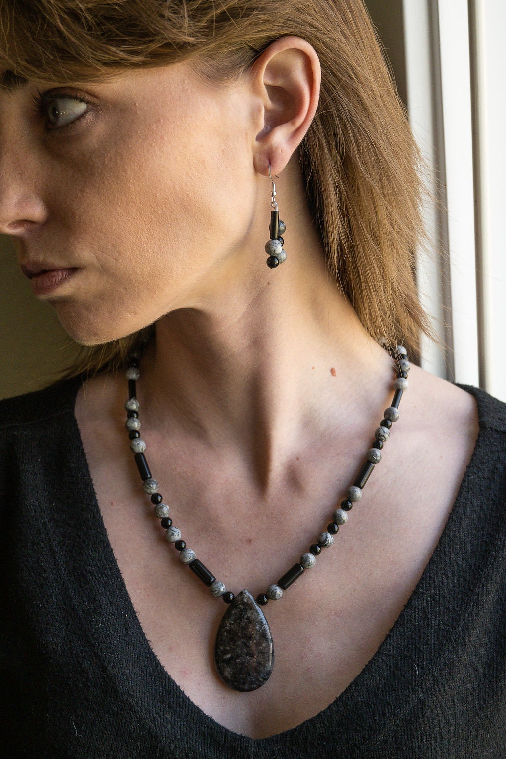 Black Labradorite/Larvikite pendant necklace with black onyx and silver crazy lace agate: handmade