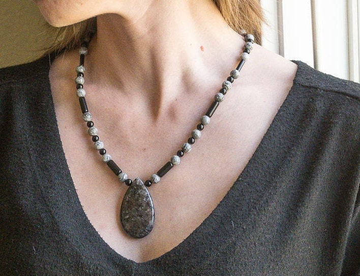 Black Labradorite/Larvikite pendant necklace with black onyx and silver crazy lace agate: handmade