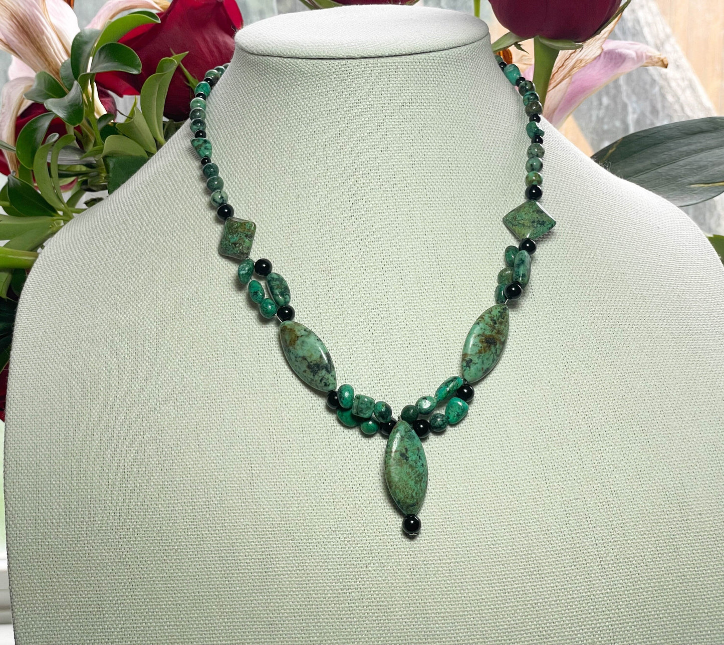 African Turquoise and black onyx pendant handmade necklace: one-of-a-kind