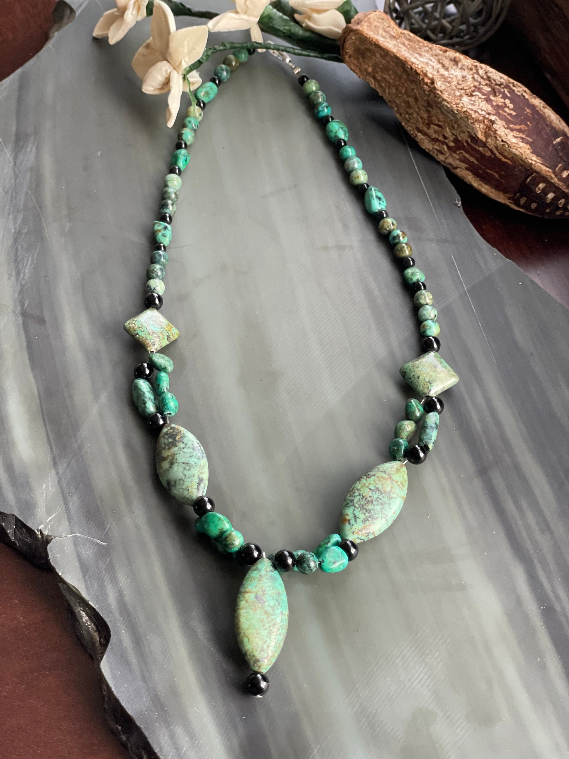 African Turquoise and black onyx pendant handmade necklace: one-of-a-kind