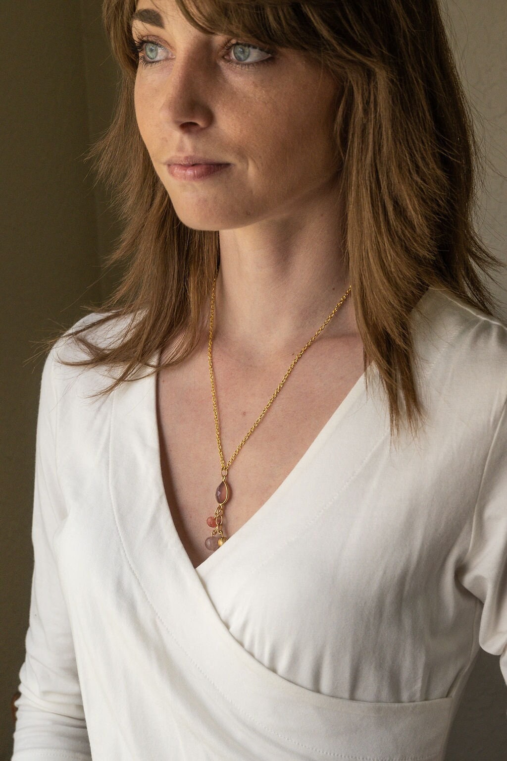 Natural strawberry quartz and rose chalcedony pendant necklace on gold colored chain: hand made necklace