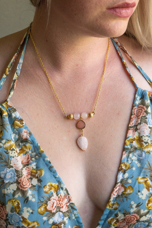 Rose Quartz Leaf and light pink chalcedony pendant necklace